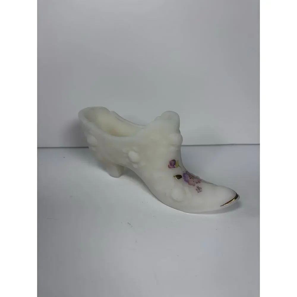 Fenton White Satin Glass Hand Painted Floral Victorian Shoe Artist Signed